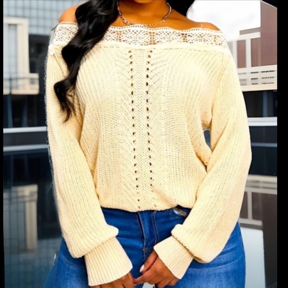 Unique Apricot Lace Trim Neckline Off Shoulder Open Design Down Front Sweater - Picture 10 of 10